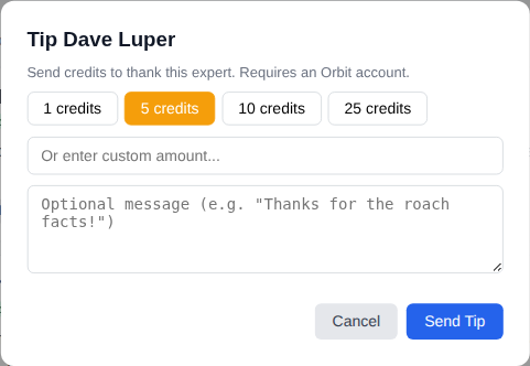 Tip Expert modal from the user's perspective